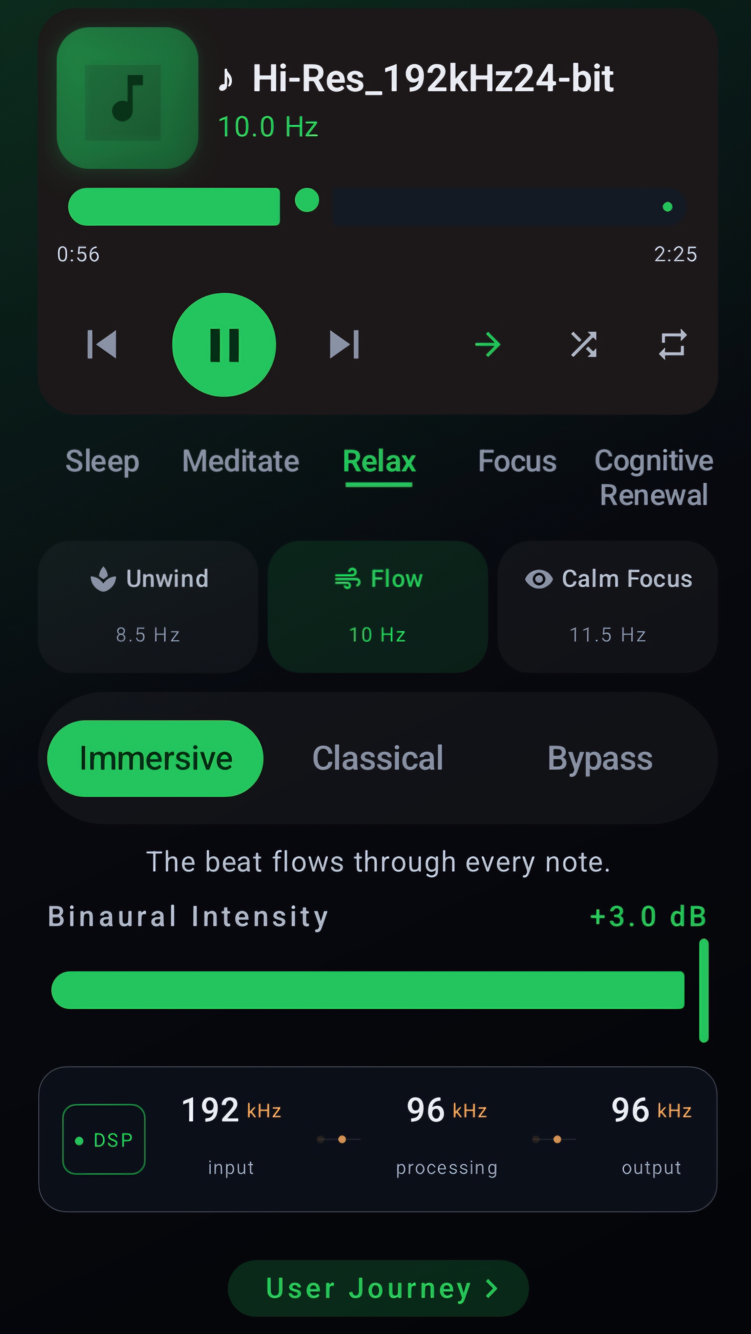 BinauralFlow with Immersive DSP active, showing 192 kHz input, 96 kHz processing and 96 kHz output.