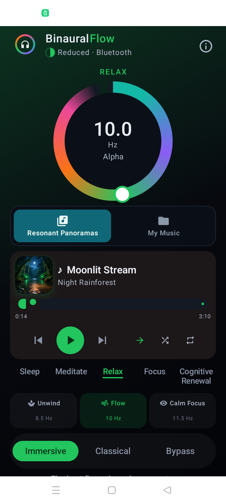 Actual BinauralFlow player with Aurora dial, Moonlit Stream, Relax preset and Immersive mode